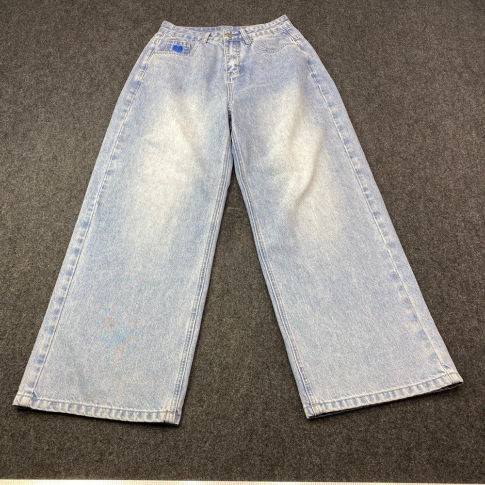 Aelfric Eden Wide Leg Jeans Women 28 Light Blue Heart Embroidery Streetwear Y2K